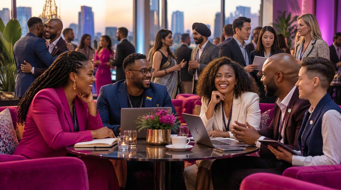 A diverse group of professionals, including LGBTQ+ guests, connecting at a networking event