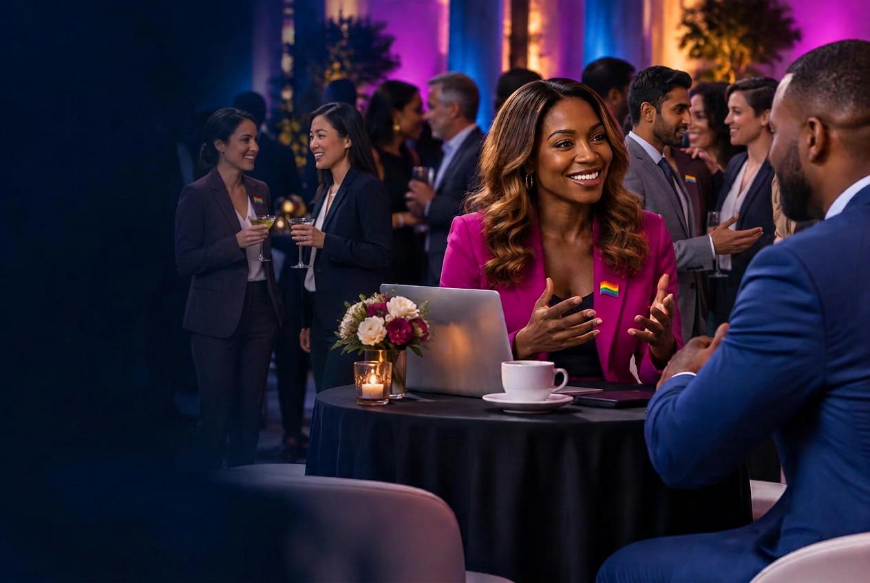 A diverse group of professionals, including LGBTQ+ guests, connecting at an event